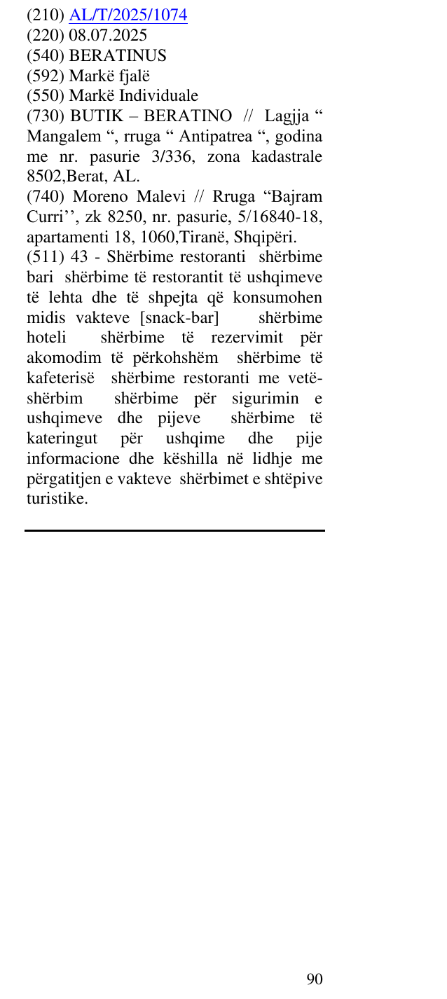 Zëri i markës BERATINUS në buletin