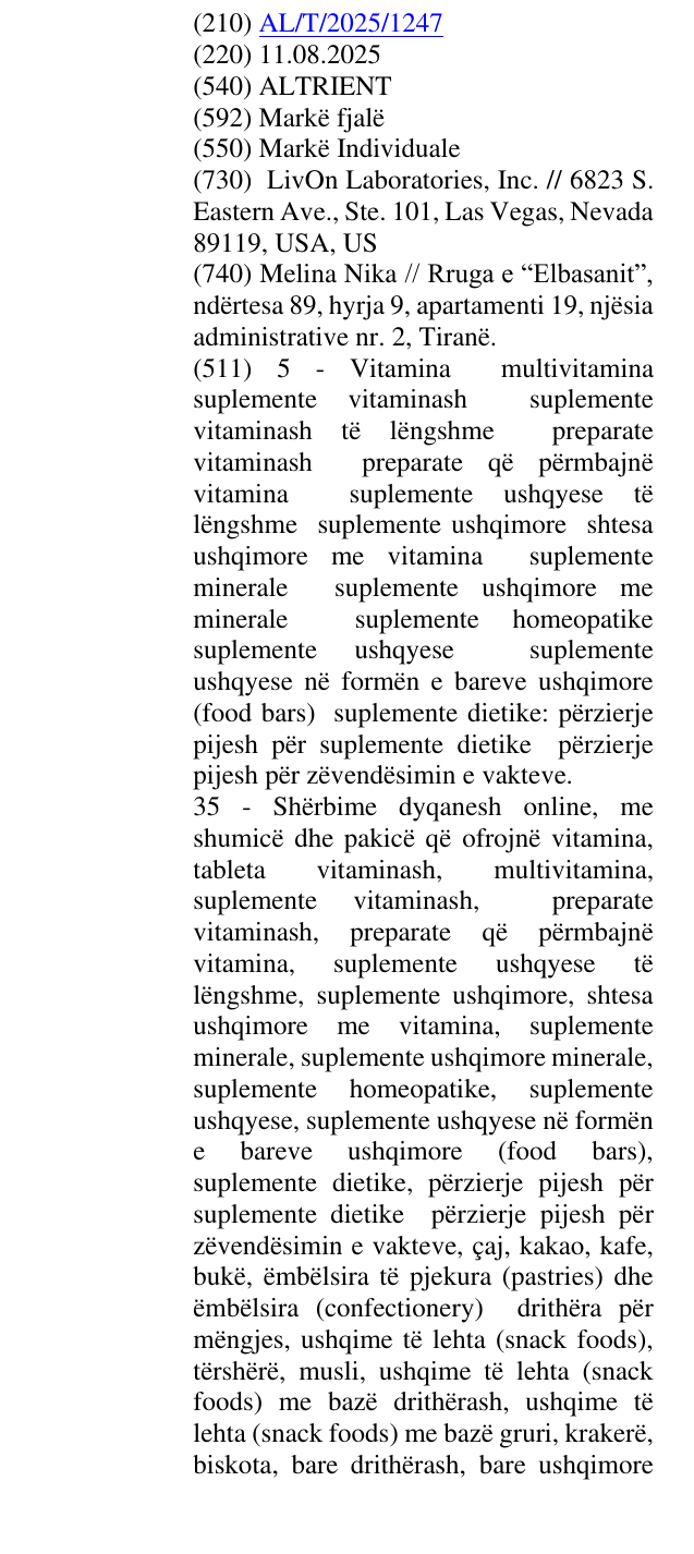 Zëri i markës ALTRIENT në buletin