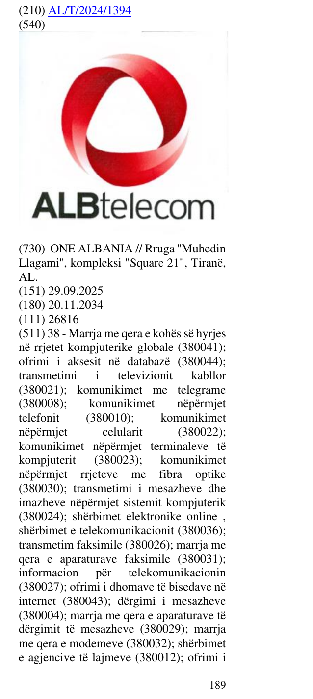 Zëri i markës ALB; telecom në buletin