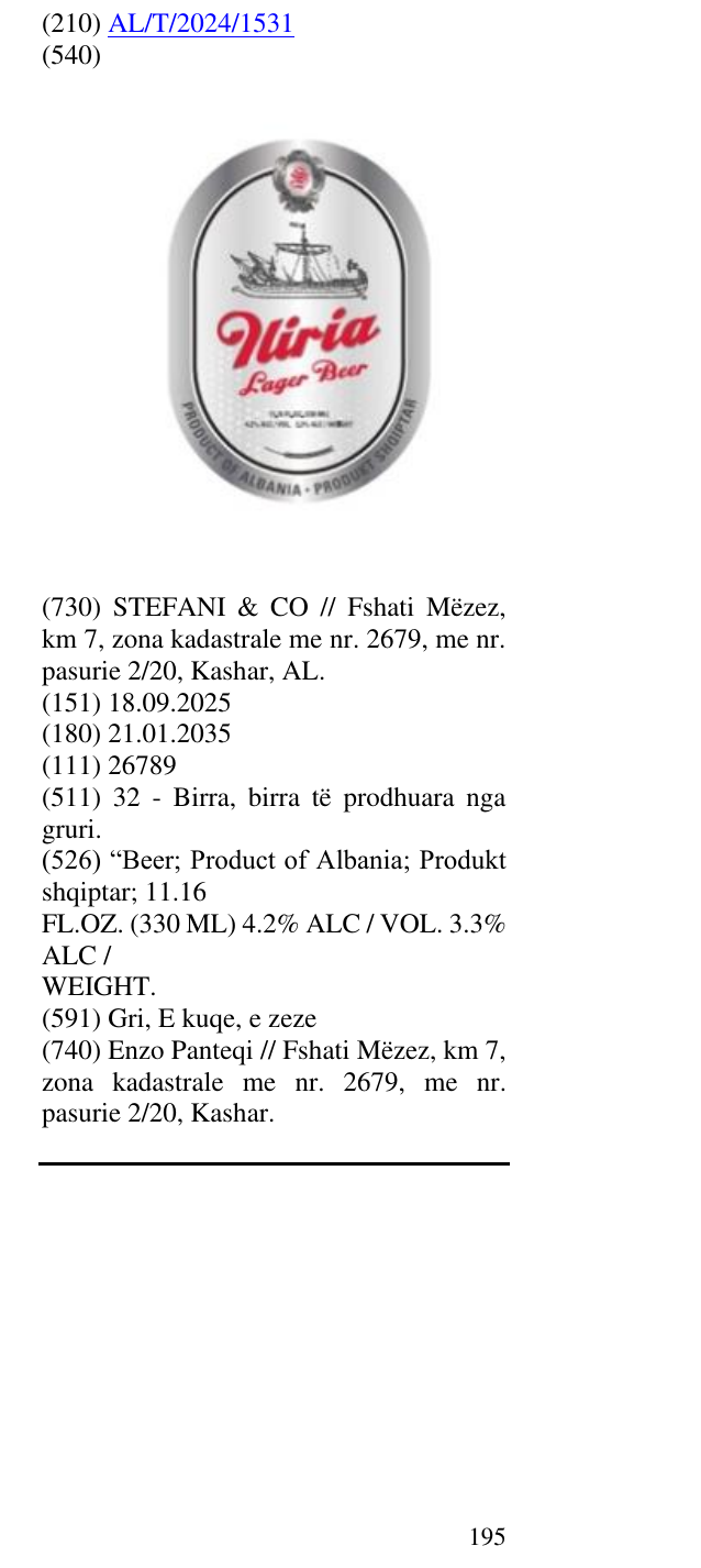 Der Eintrag der Marke “Beer; Product of Albania; Produkt shqiptar; 11.16 FL.OZ. (330 ML) 4.2% ALC / VOL. 3.3% ALC / WEIGHT. im Bulletin