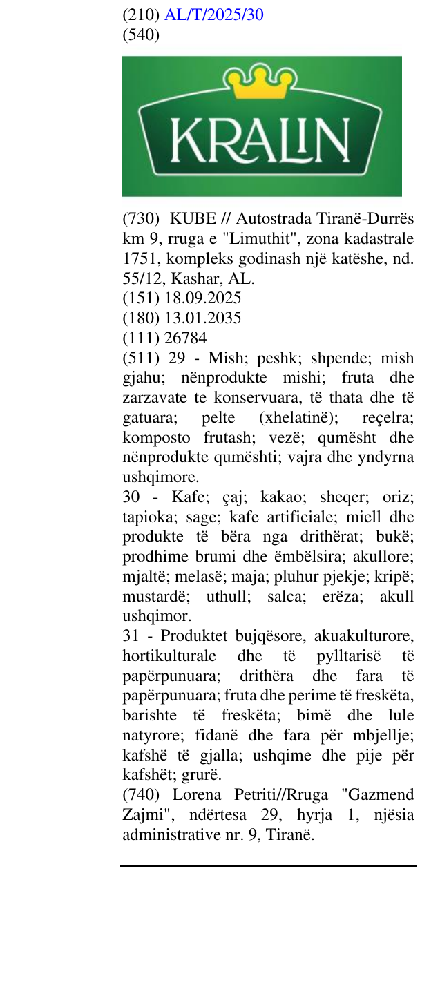 Zëri i markës KRALIN në buletin