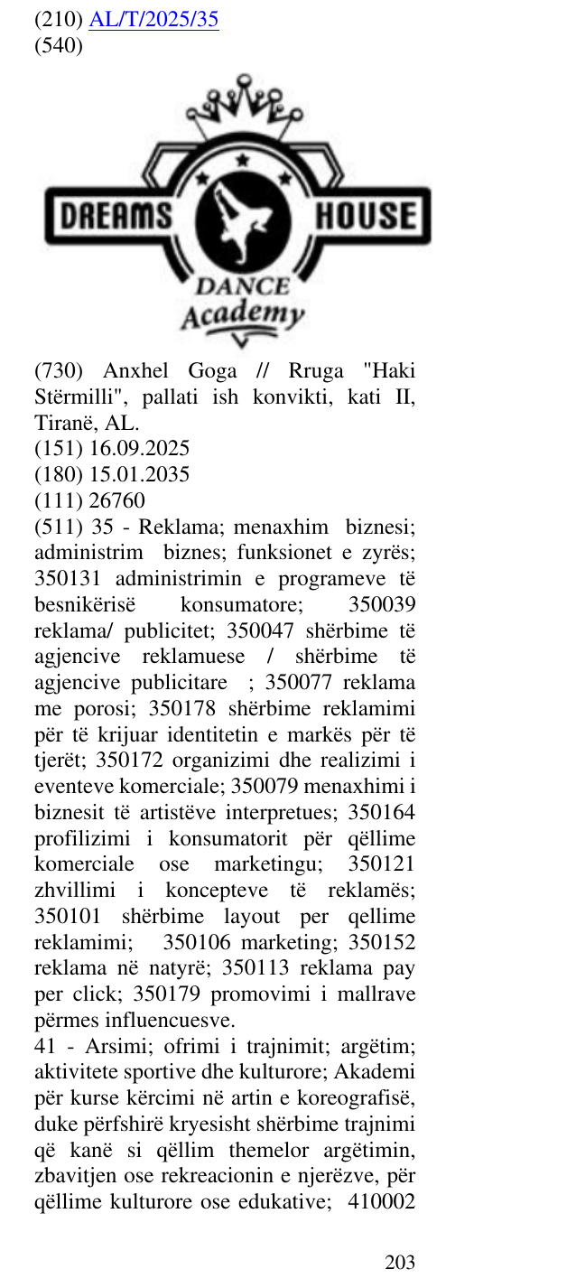 Zëri i markës fjalët: DREAMS; HOUSE; DANCE; Academy në buletin
