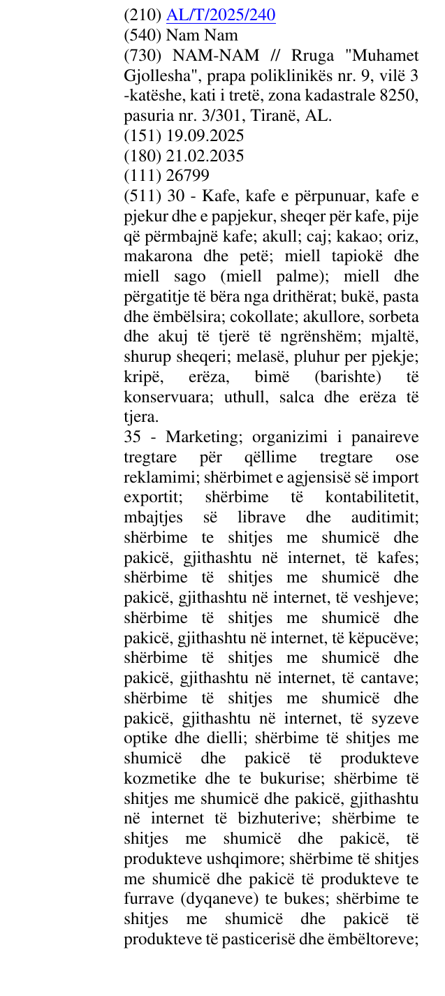 Zëri i markës Nam Nam në buletin