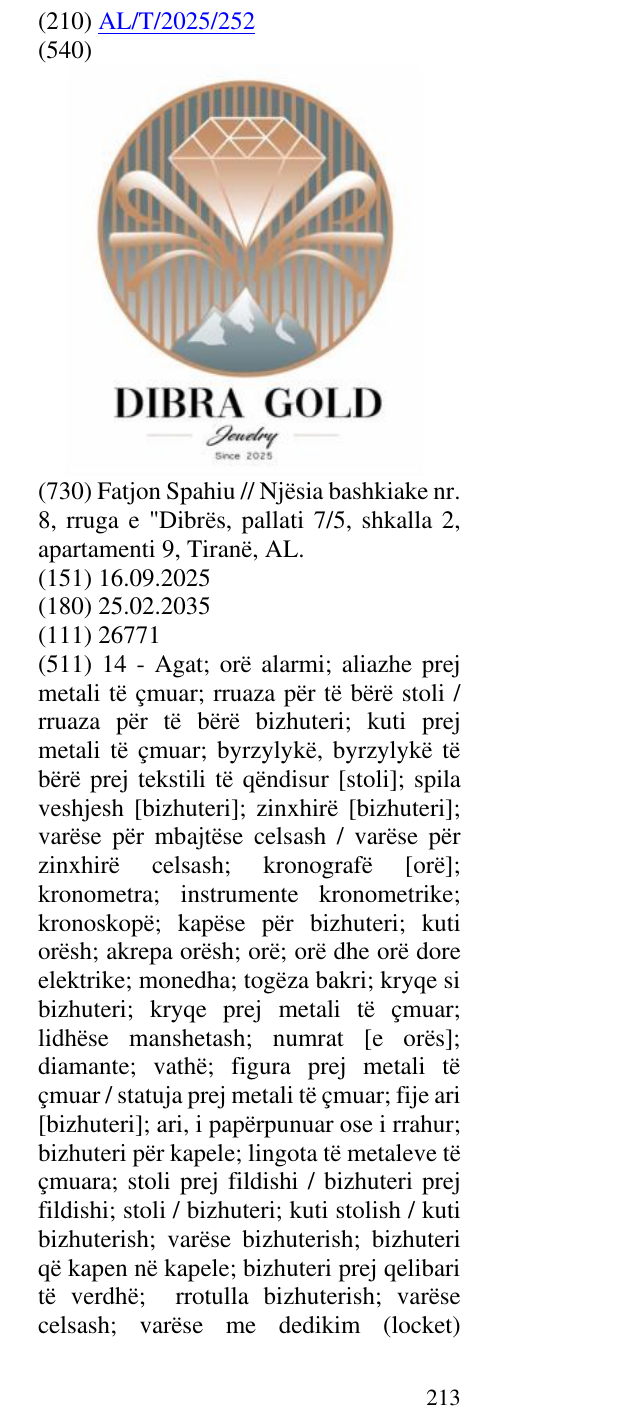 Zëri i markës DIBRA; GOLD; JEWELRY; SINCE 2025 në buletin