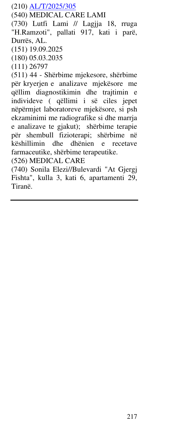 Zëri i markës MEDICAL CARE LAMI në buletin