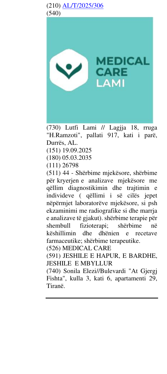 Zëri i markës MEDICAL CARE në buletin