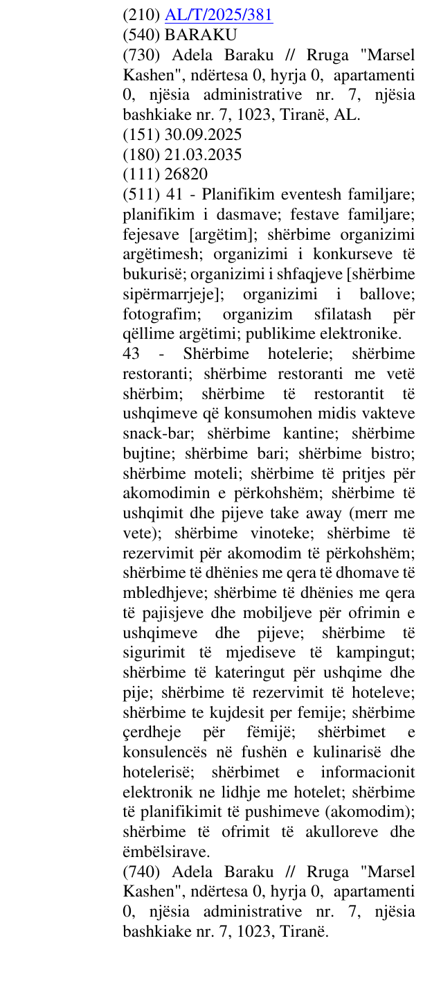 Zëri i markës BARAKU në buletin
