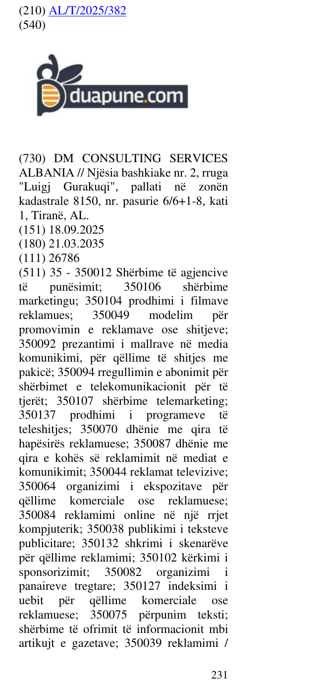 Zëri i markës Perjashtojme nga mbrojtja elementet flaje: pune dhe .com si elemet te vecuar. në buletin