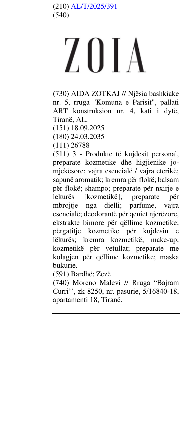 Zëri i markës ZOIA në buletin