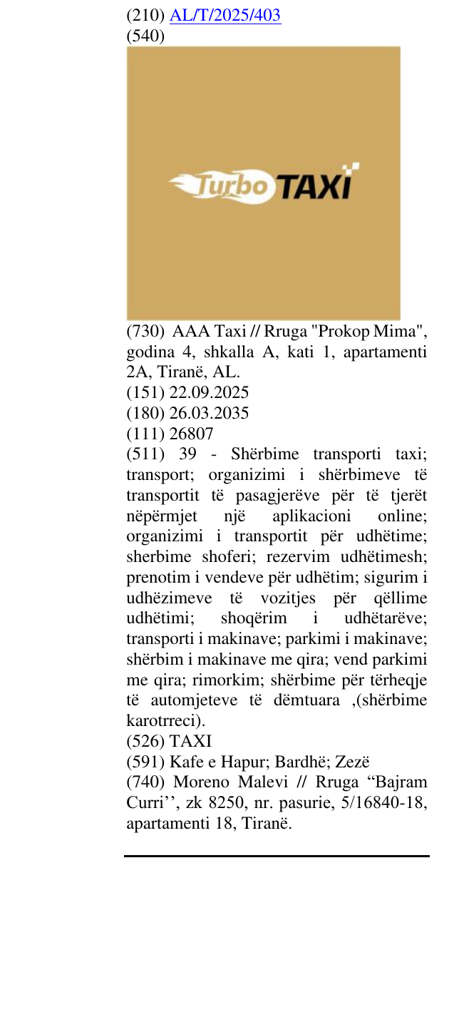 Zëri i markës TAXI në buletin