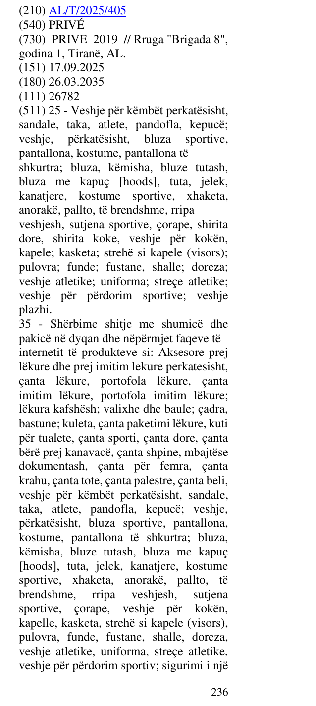 The entry of the trademark PRIVÉ in the bulletin