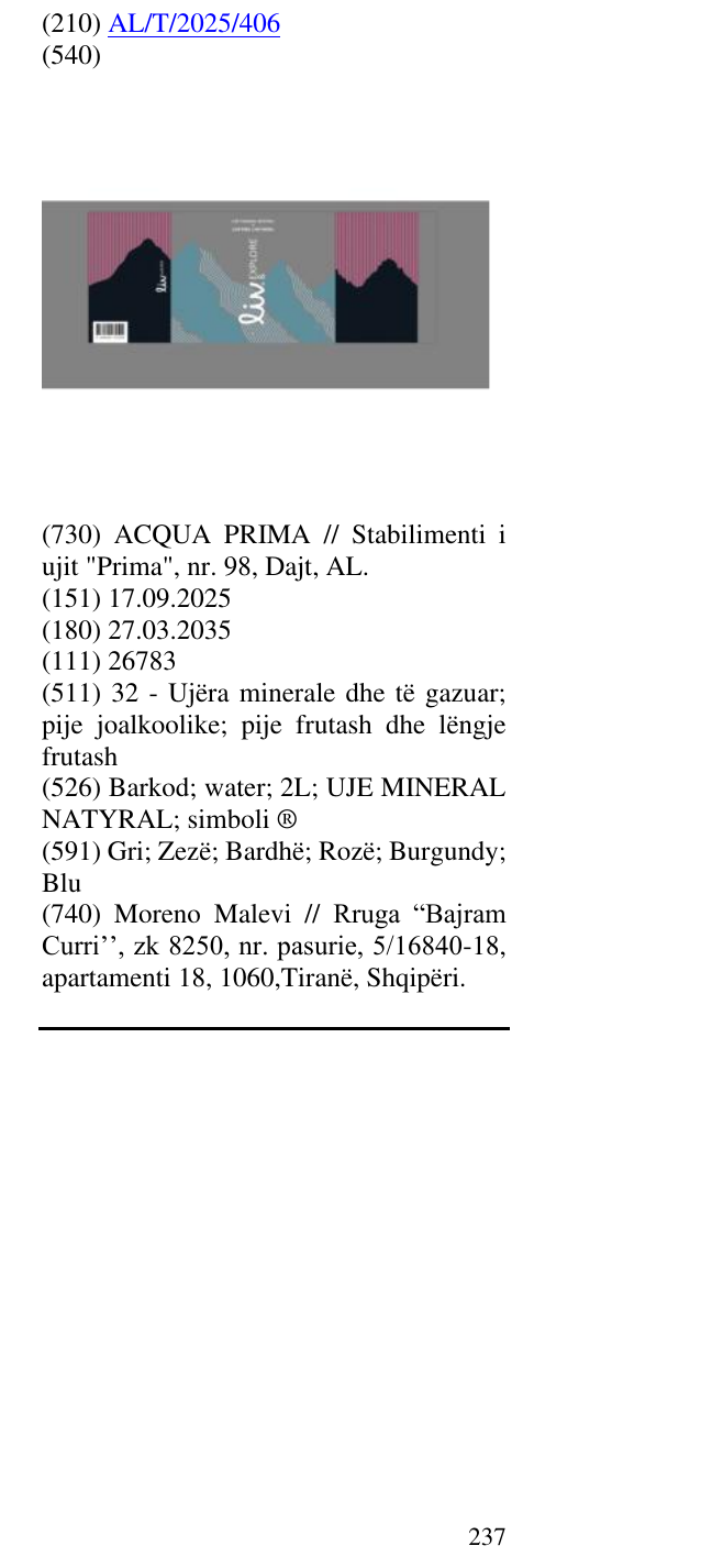 Zëri i markës Barkod; water; 2L; UJE MINERAL NATYRAL; simboli ® në buletin