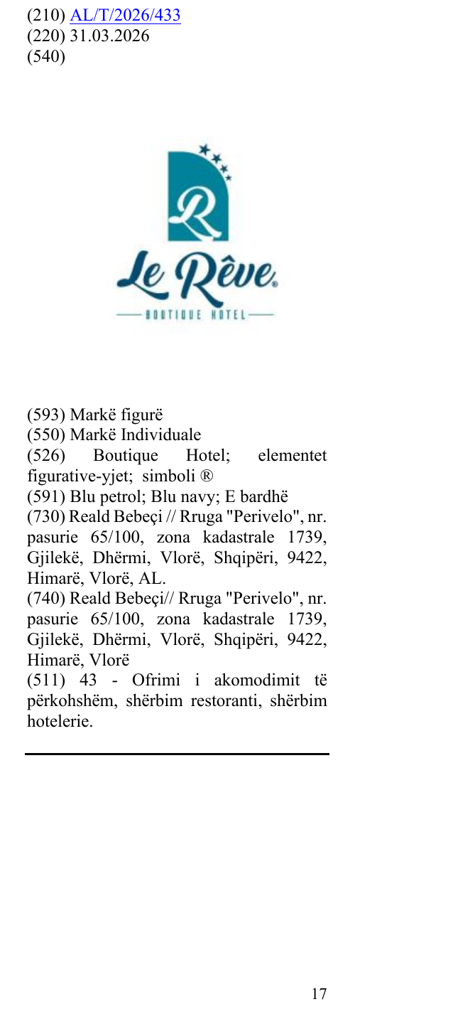 Zëri i markës Boutique Hotel; elementet figurative-yjet; simboli ® në buletin