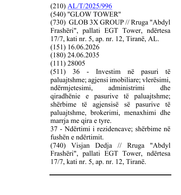 Zëri i markës ''GLOW TOWER'' në buletin