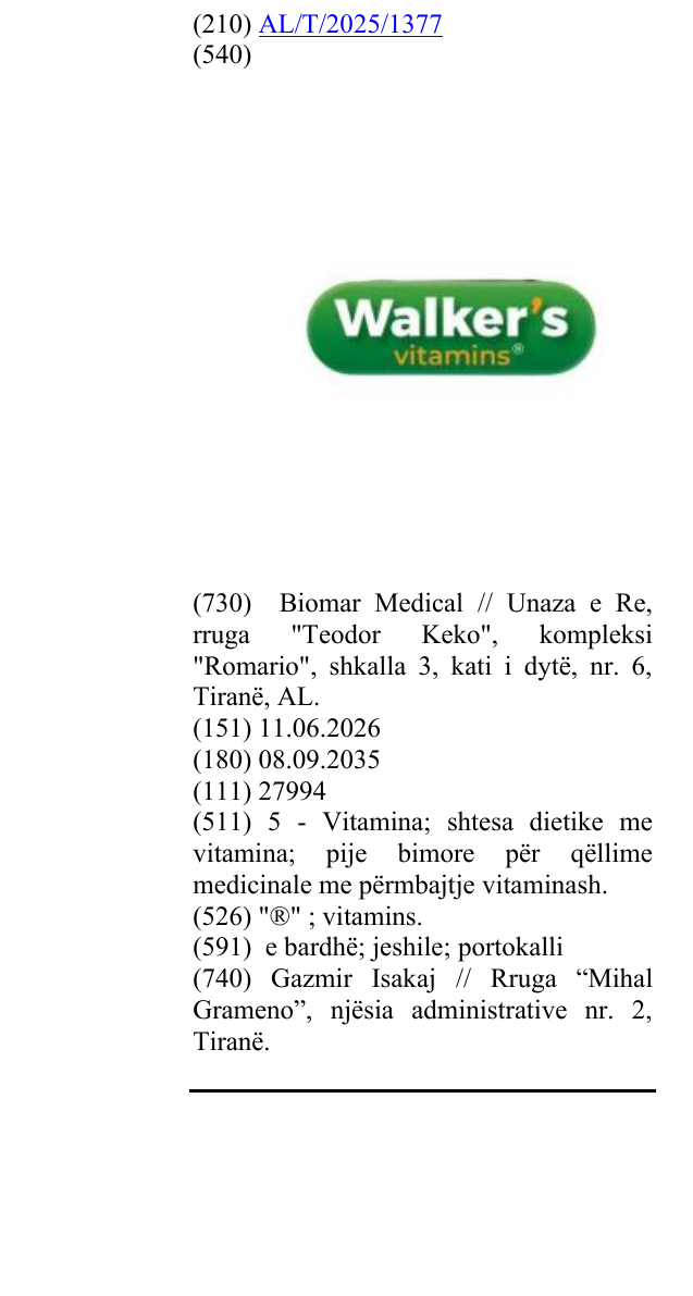 Zëri i markës "®" ; vitamins. në buletin