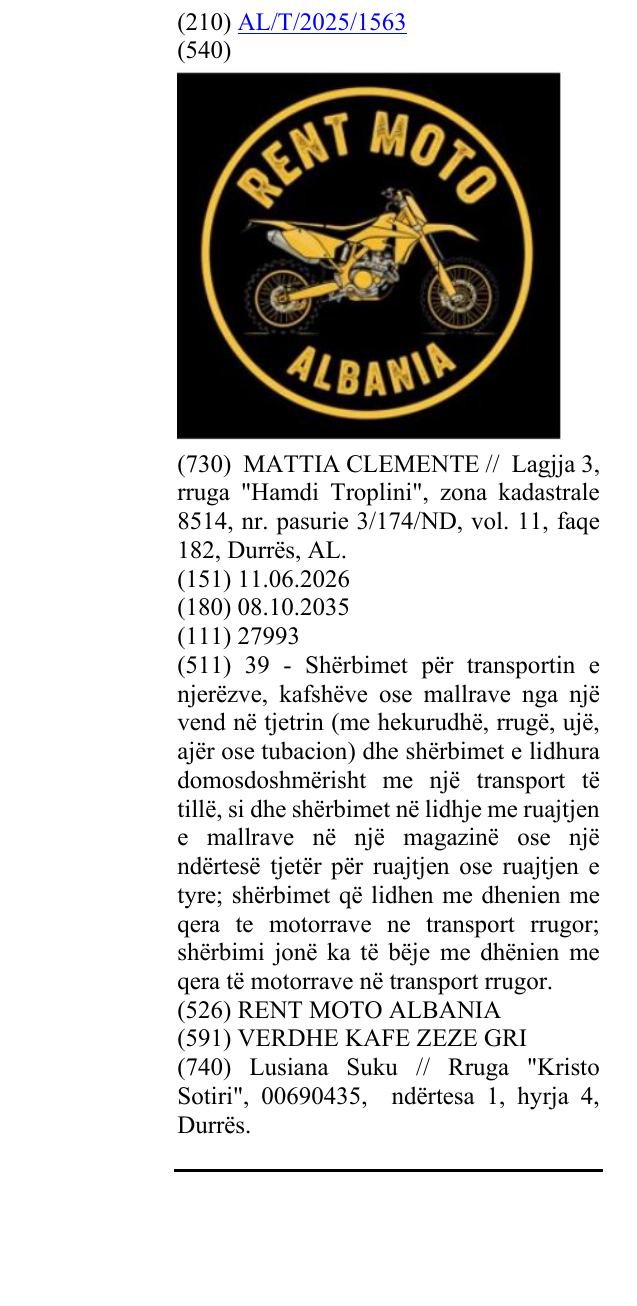 Zëri i markës RENT MOTO ALBANIA në buletin