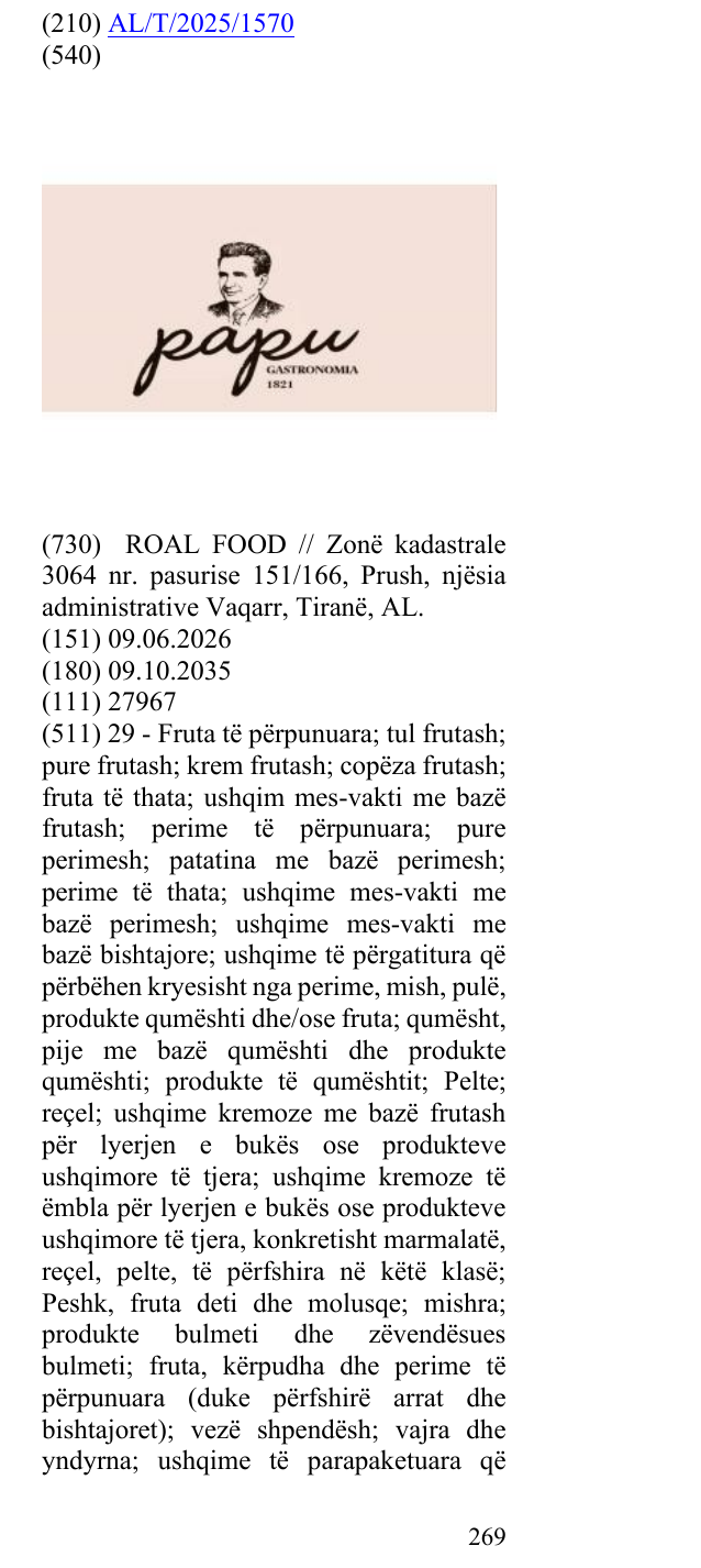 Zëri i markës GASTRONOMIA ;1821 në buletin