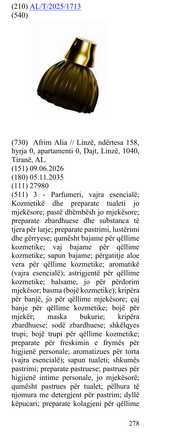 Zëri i markës AL/T/2025/1713 në buletin
