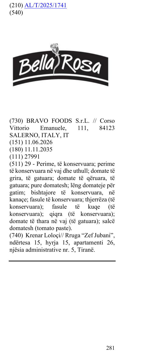 Zëri i markës Bella Rosa në buletin