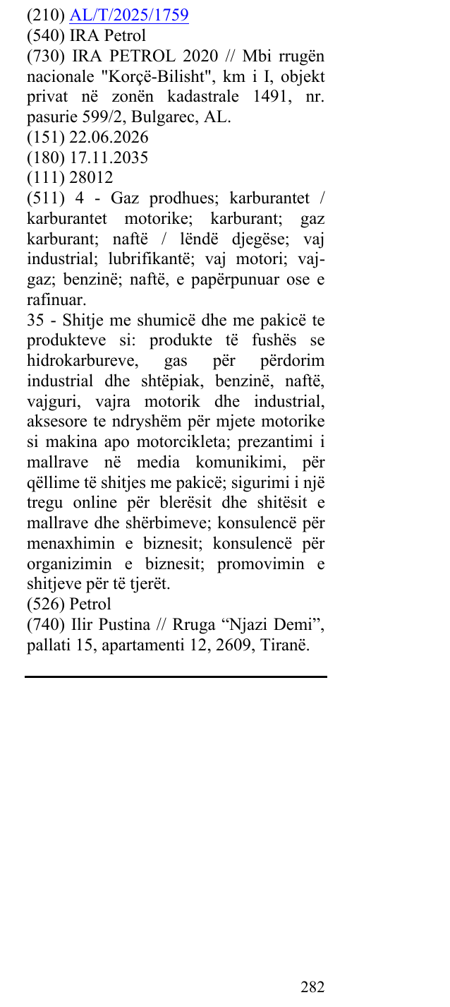Zëri i markës IRA Petrol në buletin