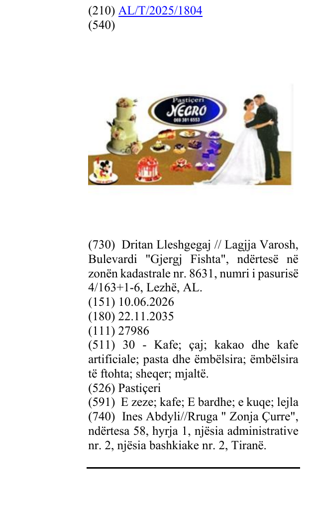 Zëri i markës Pastiçeri në buletin