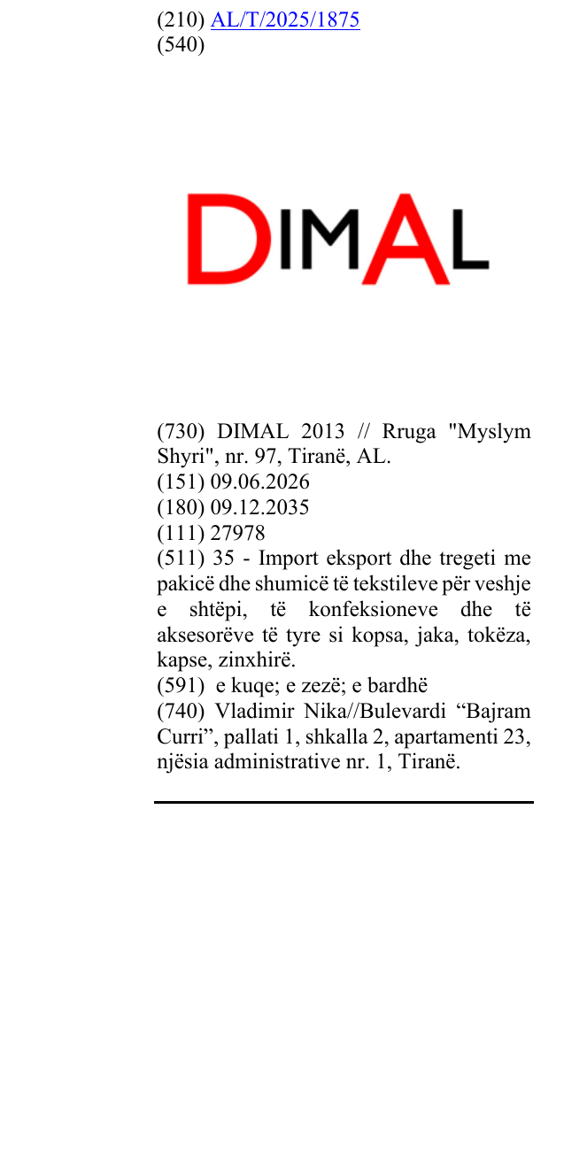 Zëri i markës DIMAL në buletin