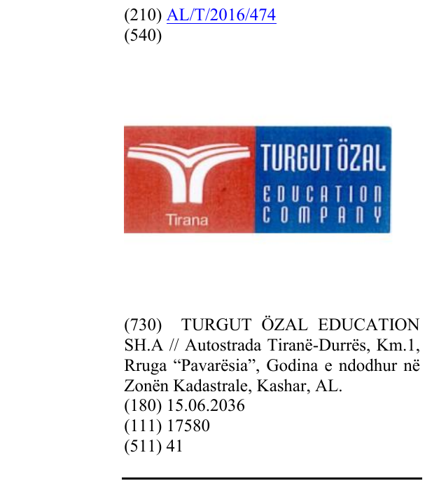 Zëri i markës TURGUT ÖZAL EDUCATION COMPANY në buletin