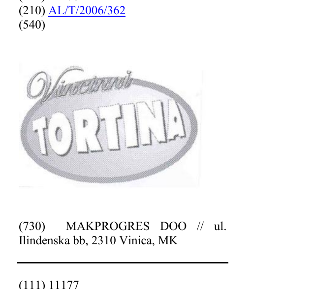 Zëri i markës TORTINA VINCINNI në buletin