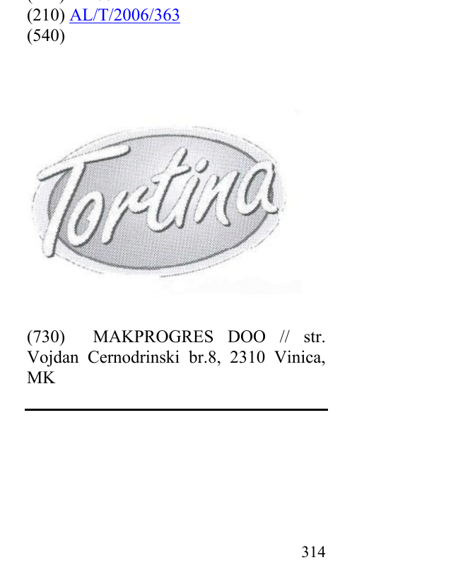Zëri i markës TORTINA në buletin