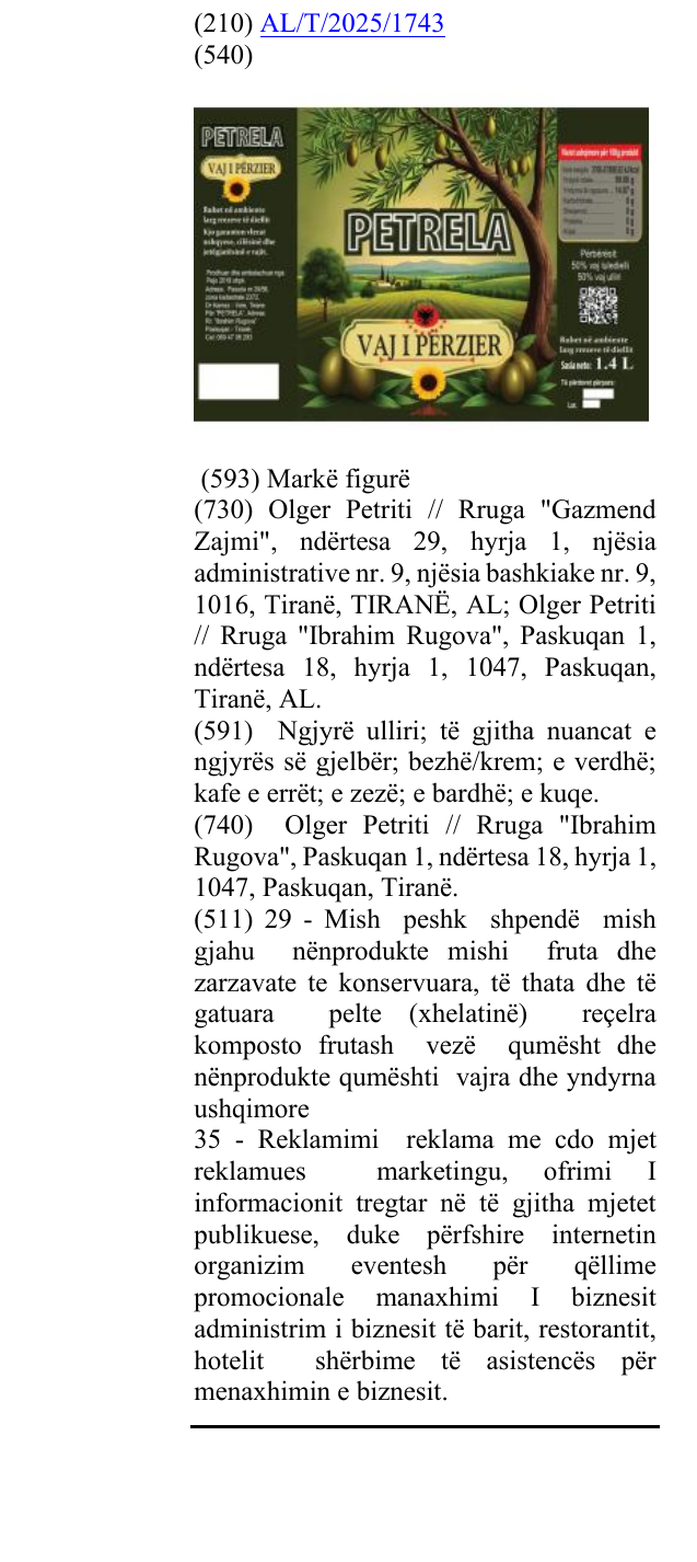 Zëri i markës PETRELA VAJ I PËRZIER në buletin