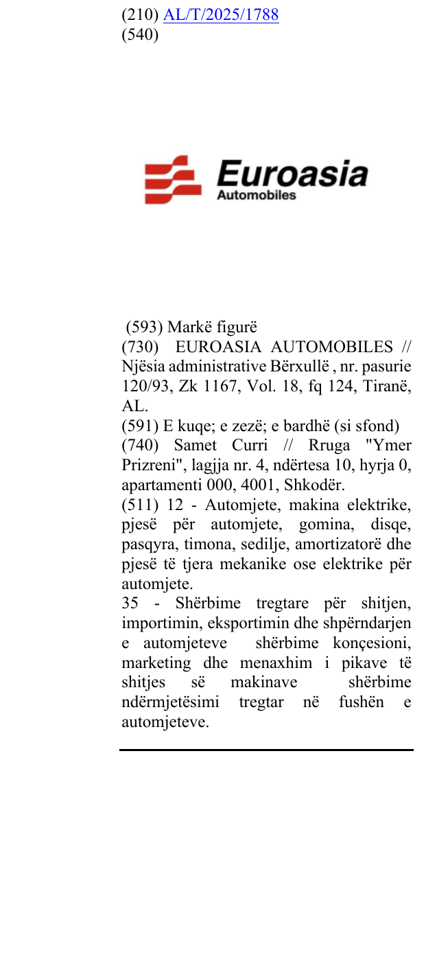 Zëri i markës Euroasia Automobiles në buletin