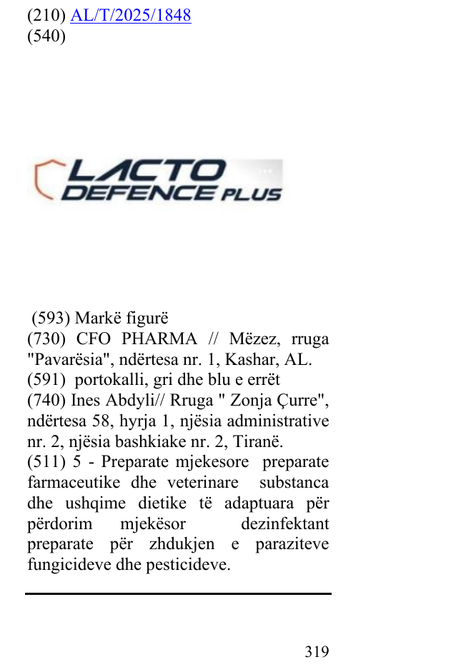 Zëri i markës LACTO DEFENCE PLUS në buletin