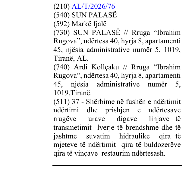 Zëri i markës SUN PALASË në buletin