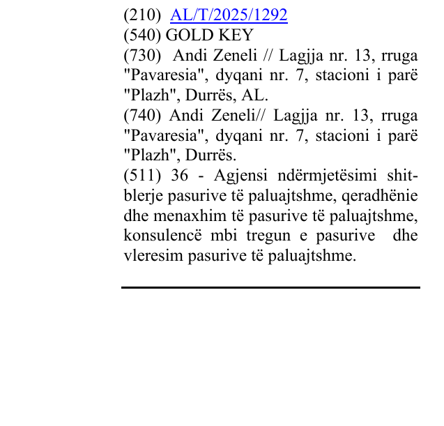 Zëri i markës GOLD KEY në buletin