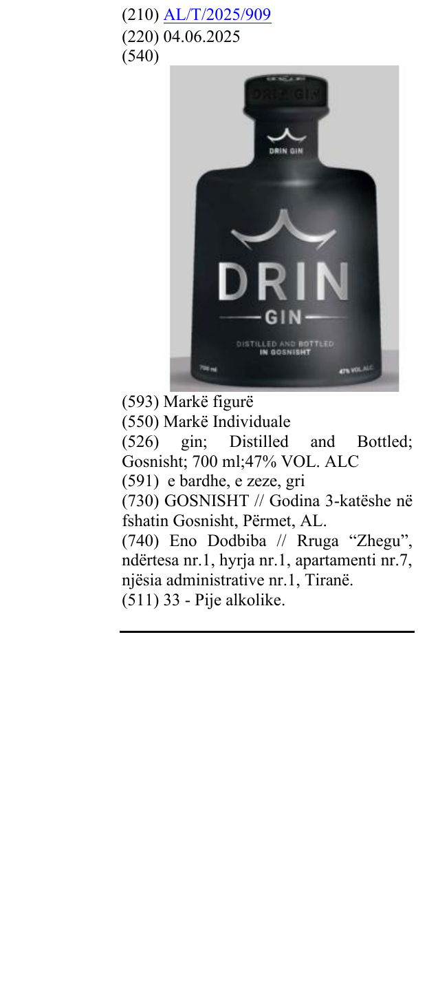 Zëri i markës gin; Distilled and Bottled; Gosnisht; 700 ml;47% VOL. ALC në buletin