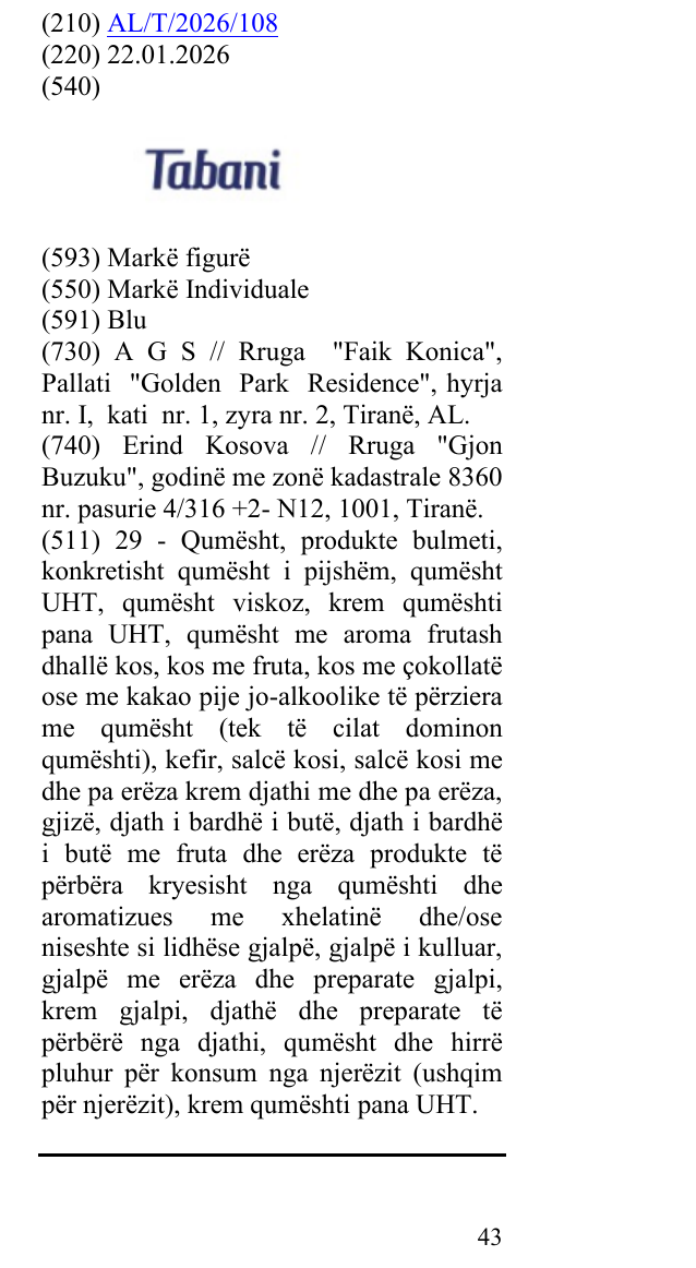 Zëri i markës TABANI në buletin