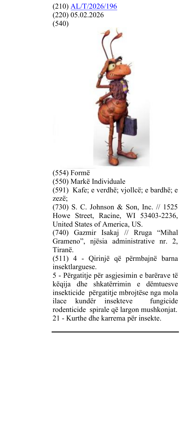 Zëri i markës AL/T/2026/196 në buletin