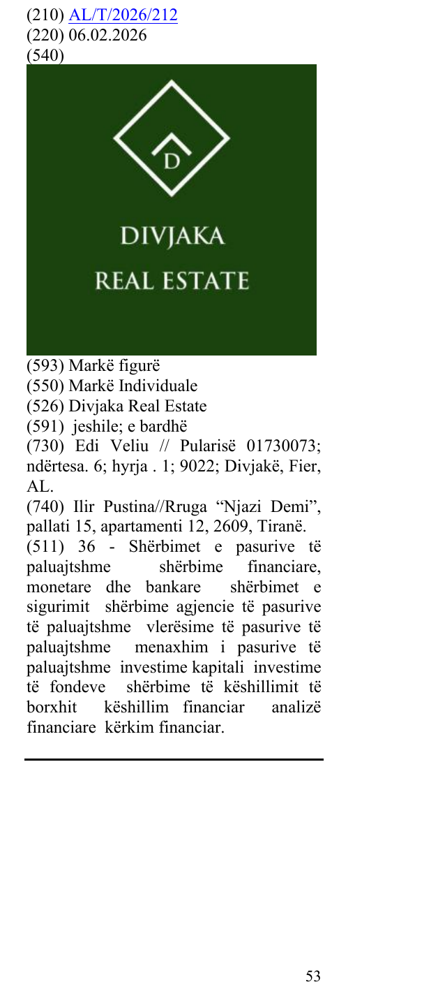 Zëri i markës Divjaka Real Estate në buletin