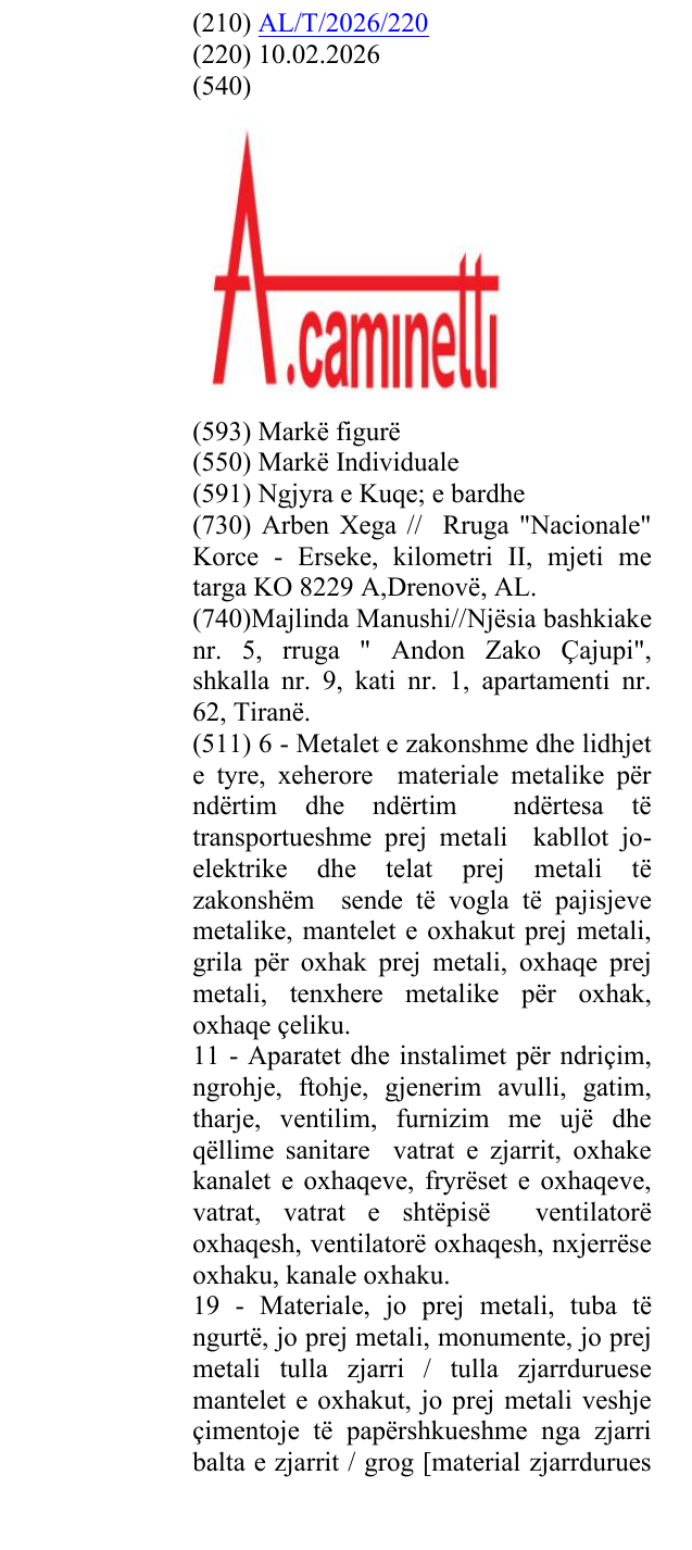 Zëri i markës A.caminetti në buletin