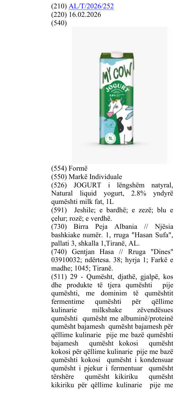 Zëri i markës JOGURT i lëngshëm natyral, Natural liquid yogurt, 2.8% yndyrë qumështi milk fat, 1L në buletin