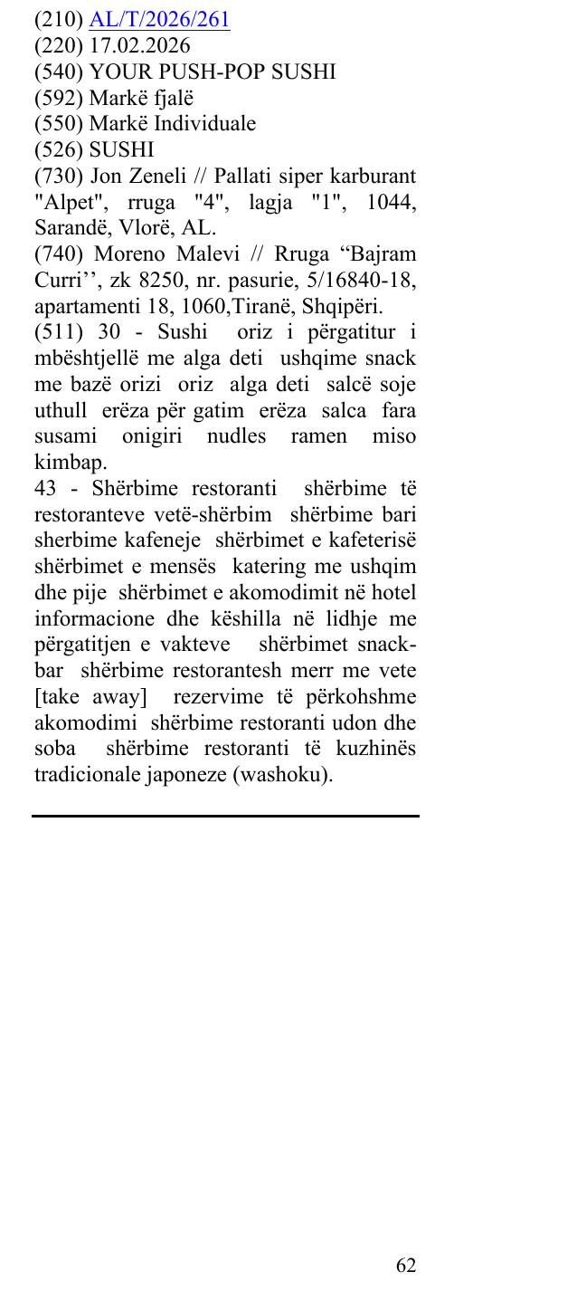 Zëri i markës YOUR PUSH-POP SUSHI në buletin