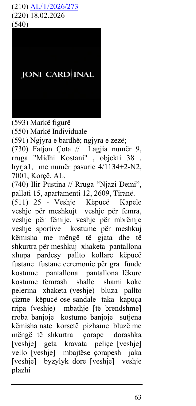 Zëri i markës JONI CARD INAL në buletin