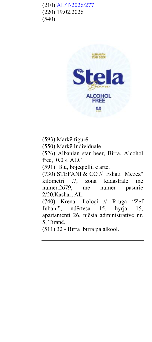 Zëri i markës Albanian star beer, Birra, Alcohol free, 0.0% ALC në buletin