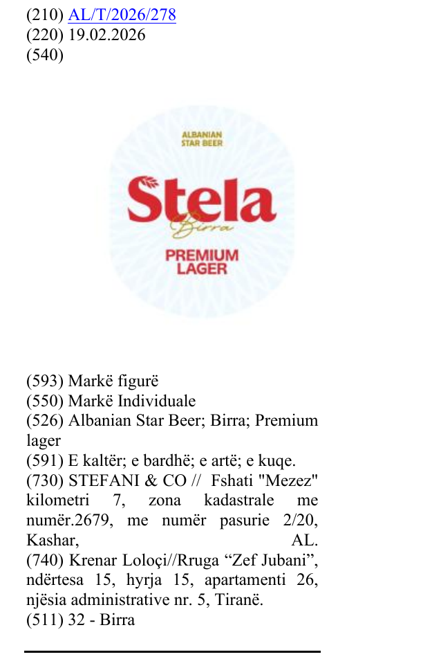 Zëri i markës Albanian Star Beer; Birra; Premium lager në buletin