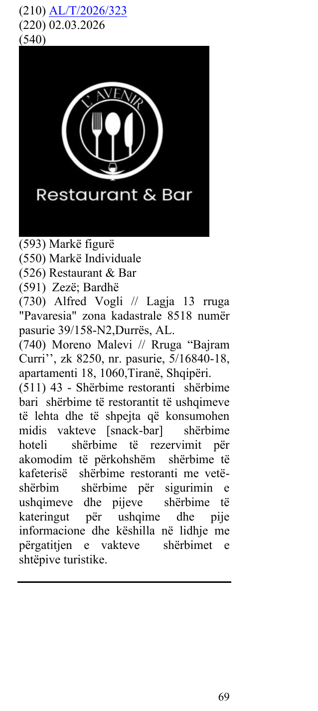 Zëri i markës Restaurant & Bar në buletin