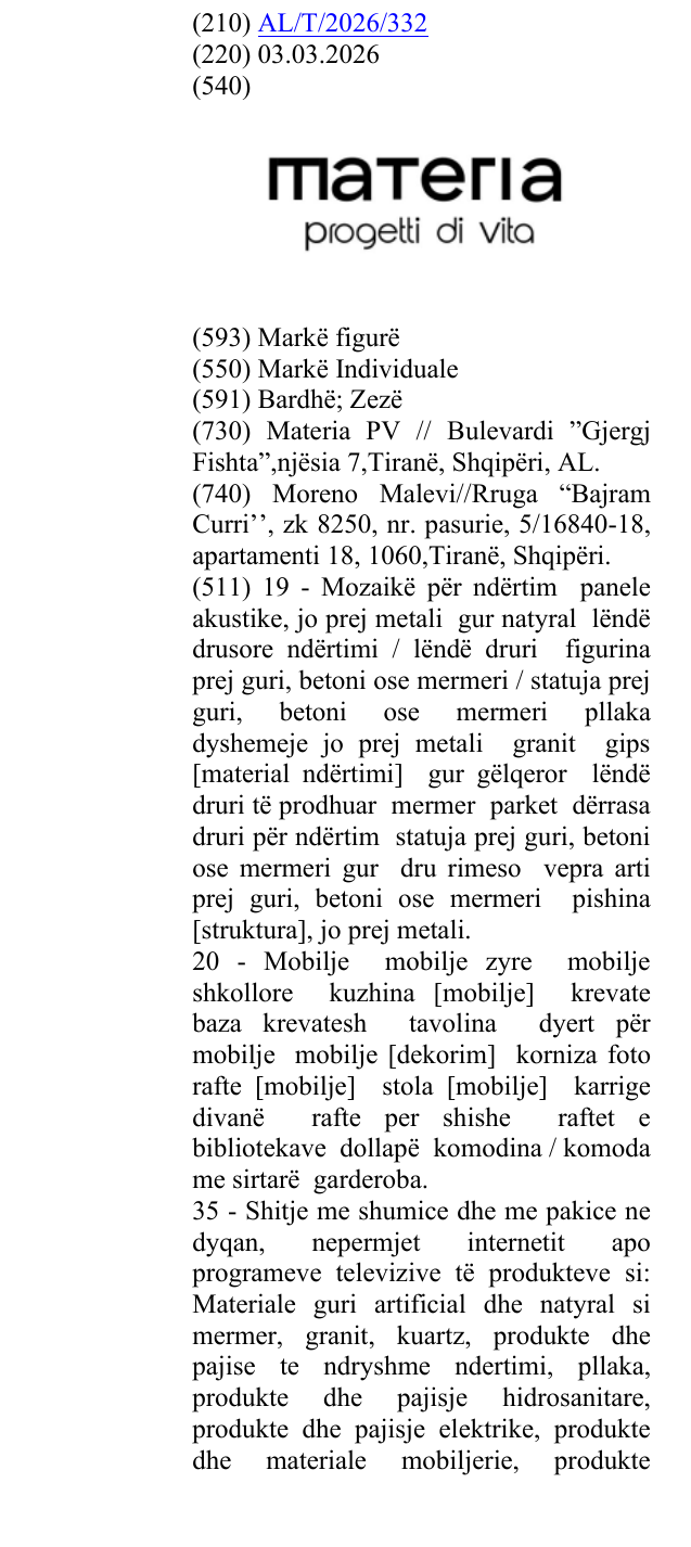 Zëri i markës MATERIA Progetti di Vita në buletin