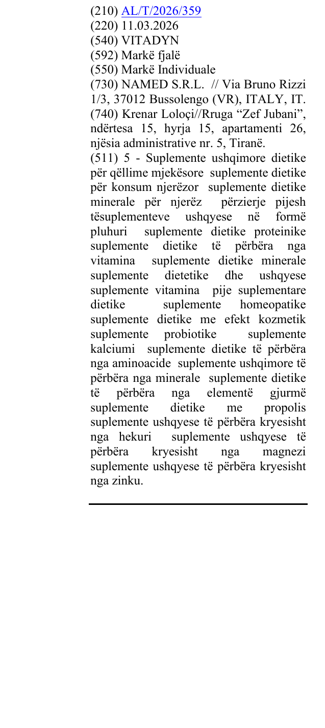 Zëri i markës VITADYN në buletin