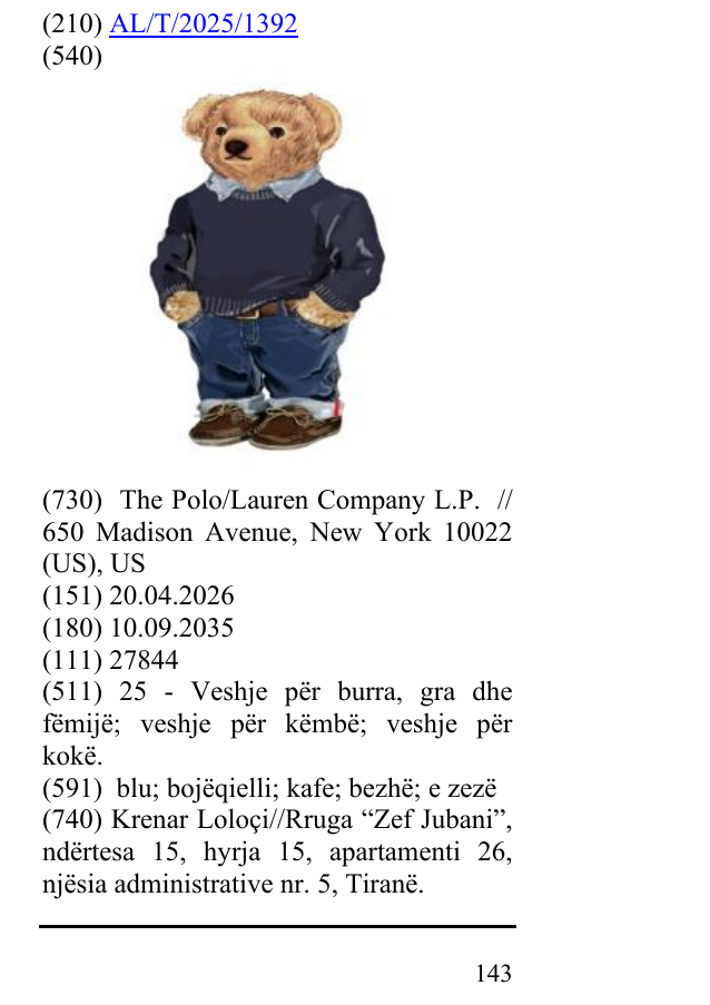 Zëri i markës AL/T/2025/1392 në buletin