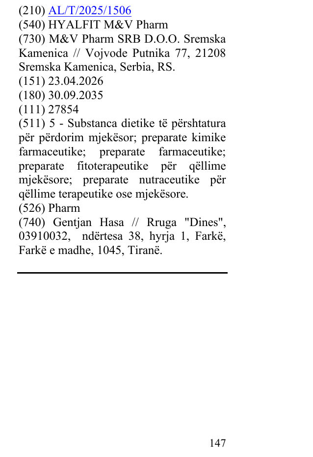Zëri i markës HYALFIT M&V Pharm në buletin
