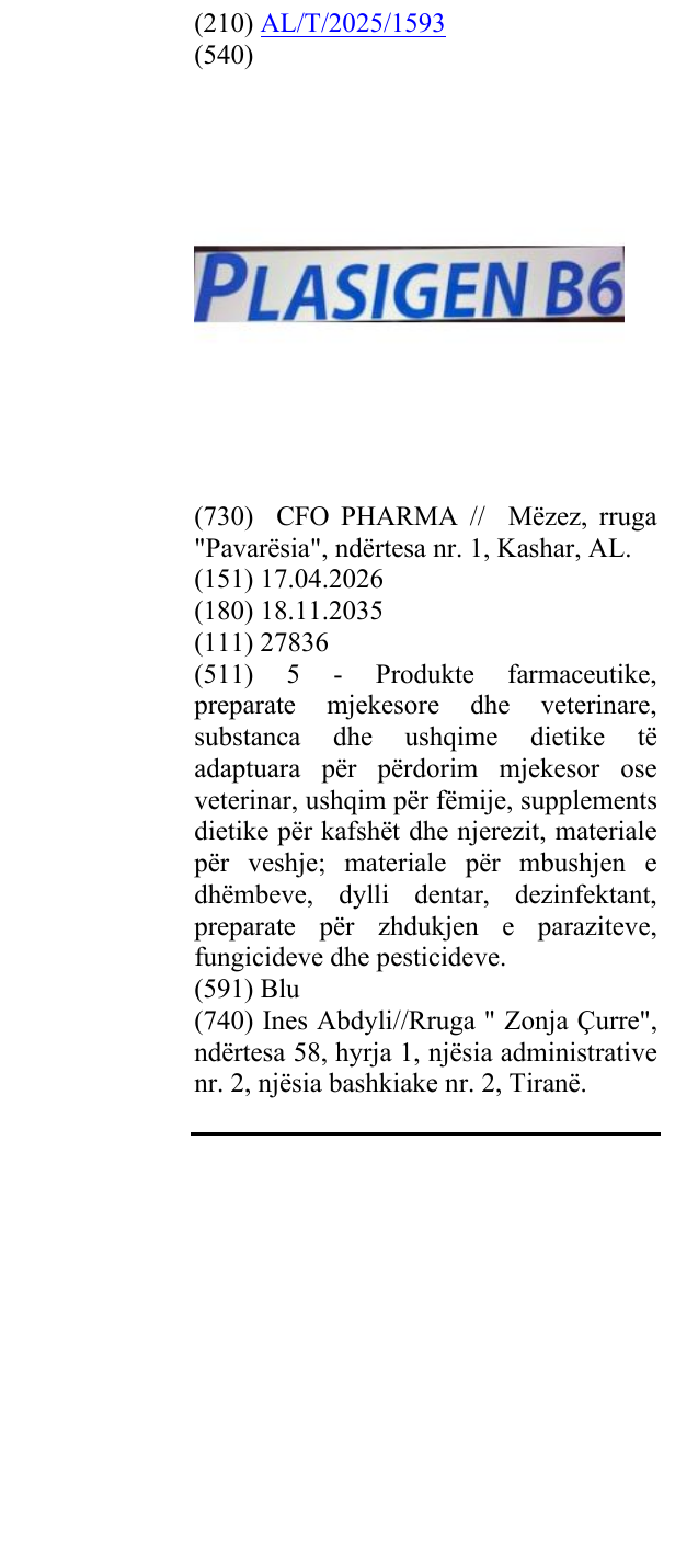 Zëri i markës PLASIGEN B6 në buletin